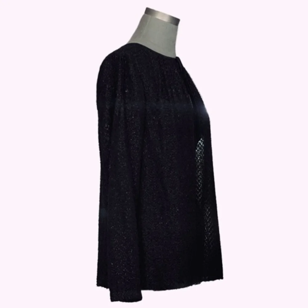 Michael Kors Black Fuzzy Sparkle Textured Blouse S/M Bow Front Long Sleeve EXC